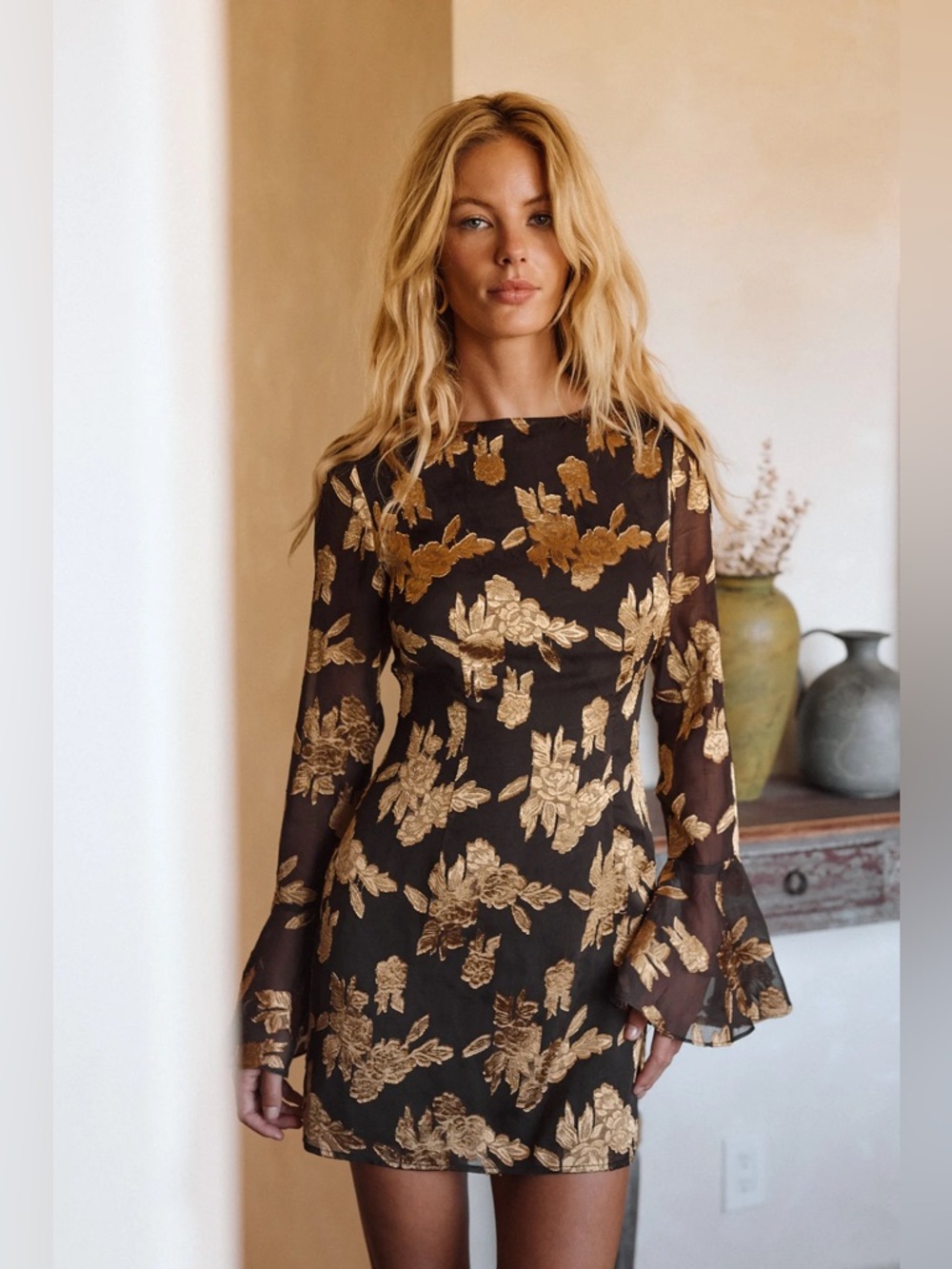 12th Tribe Marissa Gold and Black Floral Mini Dress Size XS - Picture 4 of 10